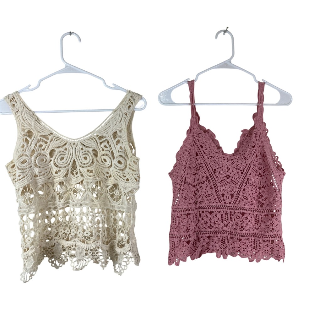 Crochet Lace Tank Top Bundle Womens S / M Pink Cream Boho Festival Coquette